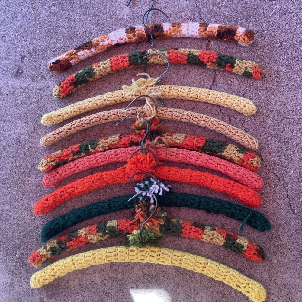 Set of 10 Handmade Vintage Crochet Covered Wooden Clothes Hangers Various Colors